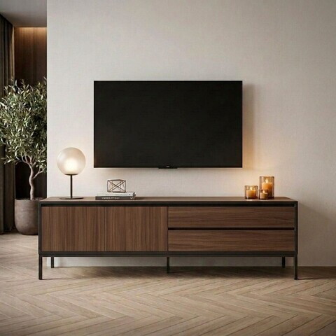 Comoda TV, Hanah Home, Lorenza, 180x55x40 cm, PAL, Nuc Milano / Negru lemn / Negru