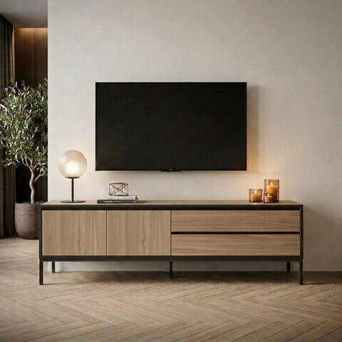 Comoda TV, Hanah Home, Lorenza, 180x55x40 cm, PAL, Stejar Sepet / Lemn Negru / Negru