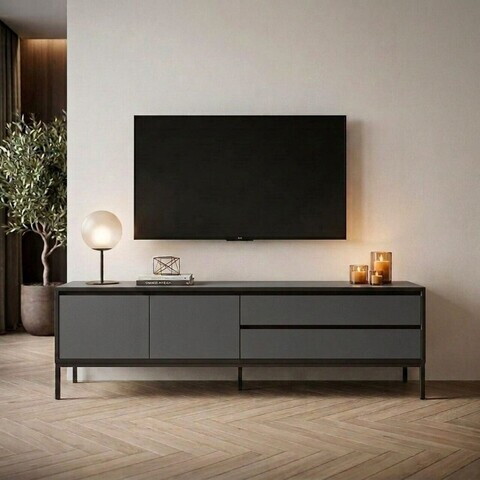 Comoda TV, Hanah Home, Lorenza, 180x55x40 cm, PAL, Antracit / Negru lemn / Negru