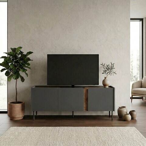 Comoda TV, Hanah Home, Lucile, 140x53.9x35.5 cm, PAL, Antracit / Stejar Septentrional / Negru