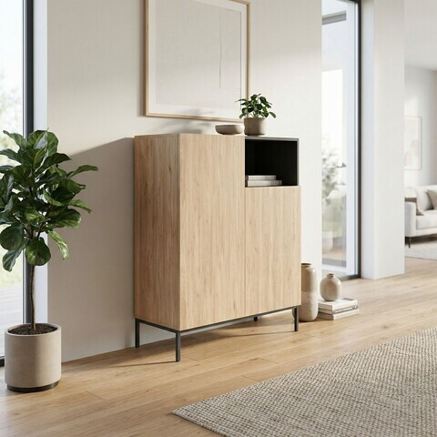 Bufet, Hanah Home, Cailin, 90x120x41.8 cm, PAL, Stejar Sepet / Negru lemn / Gresie
