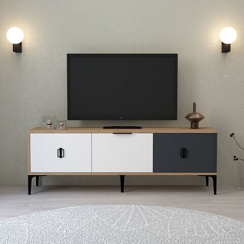 Comoda TV, Hanah Home, Neva 3501, 150x50x35 cm, PAL, Stejar / Alb / Antracit