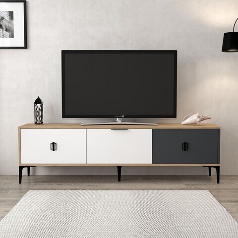 Comoda TV, Hanah Home, Neva 3801, 180x50x35 cm, PAL, Stejar / Alb / Antracit