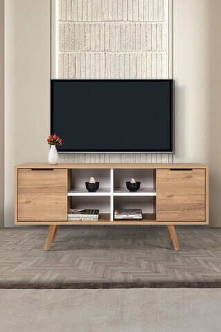Comoda TV, Hanah Home, Sina 3321, 130x59x35 cm, PAL, Stejar Safir / Alb
