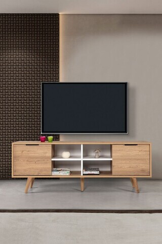 Comoda TV, Hanah Home, Sina 3621, 160x59x35 cm, PAL, Stejar Safir / Alb
