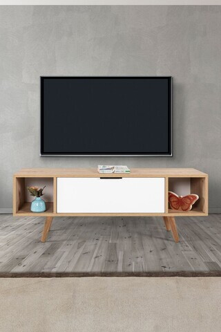 Comoda TV, Hanah Home, Mesir 3328, 130x47x35 cm, PAL, Stejar Safir / Alb