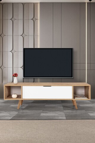 Comoda TV, Hanah Home, Mesir 3628, 160x47x35 cm, PAL, Stejar Safir / Alb