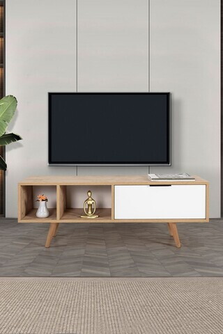 Comoda TV, Hanah Home, Venüs 3340, 130x46x35 cm, PAL, Stejar Safir / Alb