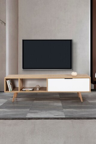 Comoda TV, Hanah Home, Venüs 3640, 160x46x35 cm, PAL, Stejar Safir / Alb