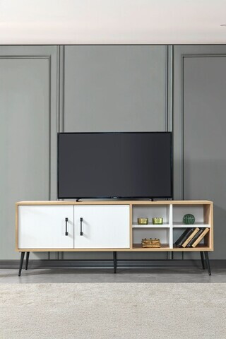 Comoda TV, Hanah Home, Şile 3611, 160x60x35 cm, PAL, Stejar Safir / Alb