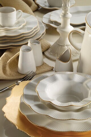 Serviciu de masa, Hermia, 719KTP9872, Portelan, Farfurie: 22 cm (6 bucăți), Crem / Aur
