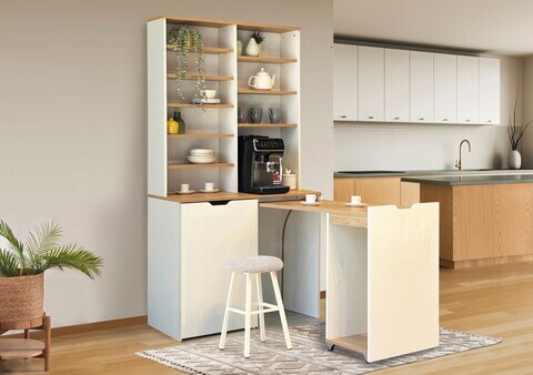 Dulap de bar pentru cafea si scaun (3 piese), Hanah Home, Flexa, PAL, Stejar / Crem