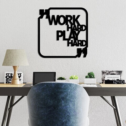 Decoratiune de perete, Work Hard Play Hard, Metal, Dimensiune: 50 x 50 cm , Negru