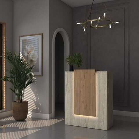Masa de receptie, Hanah Home, MA104, 90x110x40 cm, PAL melaminat, Travertin / Nuc