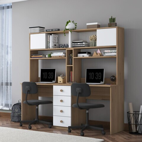 Birou, Hanah Home, HA130, 180x166.3x50 cm, PAL melaminat, Nuc/Alb