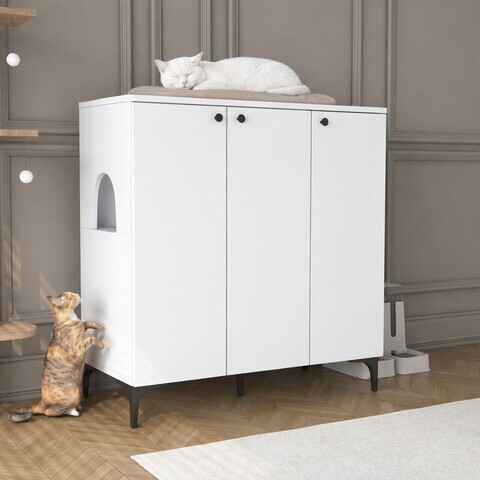 Casă din lemn pentru pisici, Hanah Home, PA102, 90x98.6x45 cm, PAL melaminat, Alb