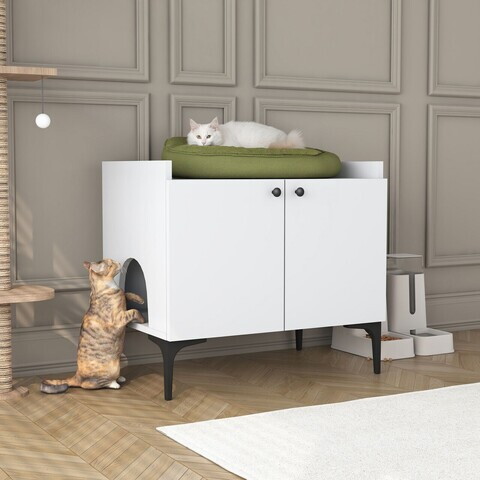 Casă din lemn pentru pisici, Hanah Home, PA101, 70x61.8x45 cm, PAL melaminat, Alb