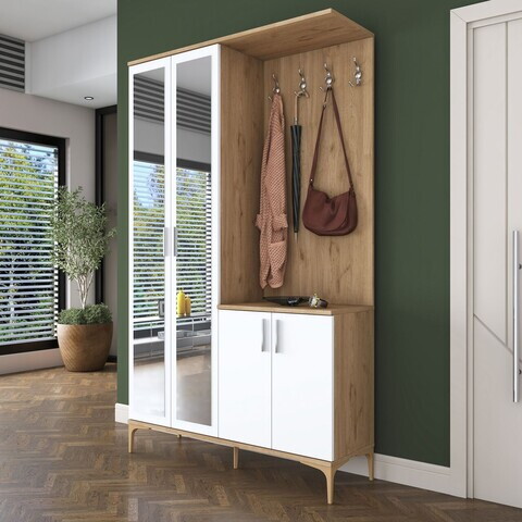Cuier de perete, Hanah Home, EA147, 120x198.6x37.5 cm, PAL melaminat, Nuc/Alb