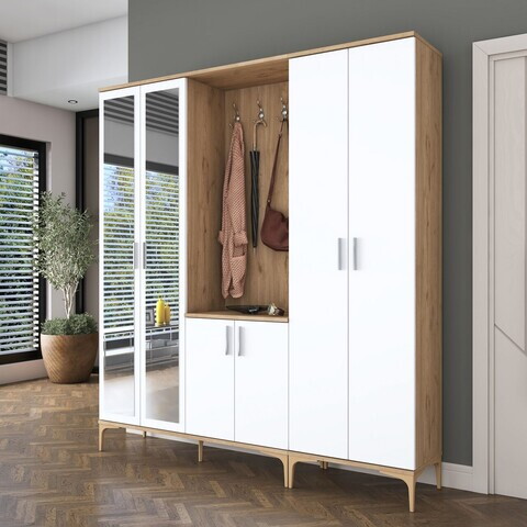 Cuier de perete, Hanah Home, EA154, 180x198.6x37.5 cm, PAL melaminat, Nuc/Alb