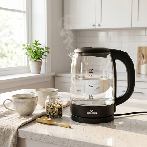 Fierbator electric Blaumann, Black Silver, 1.7L, 2200W, sticla borosilicata/plastic, negru/transparent