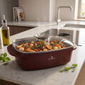 Tava cu capac cu invelis ceramic Blaumann, Cera Stone, 32x21x10.6 cm, 6L, aluminiu turnat, rosu caramiziu