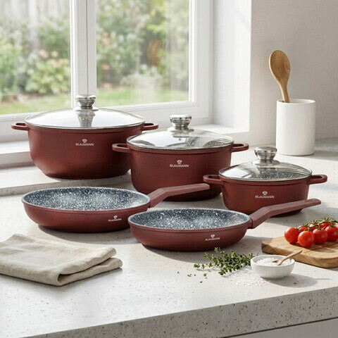 Set de gatit 8 piese, cu invelis ceramic, Blaumann, Cera Stone, aluminiu turnat, rosu caramiziu