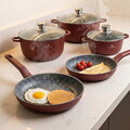 Set de gatit 8 piese, cu invelis ceramic, Blaumann, Cera Stone, aluminiu turnat, rosu caramiziu