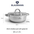 Oala cu capac Blaumann, Gourmet, BL-1002W, 22 cm, 2.75L, inox, argintiu