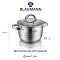 Cratita cu capac Blaumann, Gourmet, BL-1007W, 18 cm, 3.2L, inox, argintiu