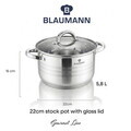 Oala cu capac Blaumann, Gourmet, 22 cm, 5.8L, inox, argintiu