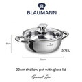 Oala cu capac Blaumann, Gourmet, BL-3865, 22 cm, 2.75L, inox, argintiu