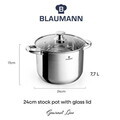 Oala cu capac Blaumann, Gourmet, BL-3869, 24 cm, 7.7L, inox, argintiu
