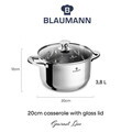 Oala cu capac Blaumann, Gourmet, BL-3872, 20 cm, 3.8L, inox, argintiu