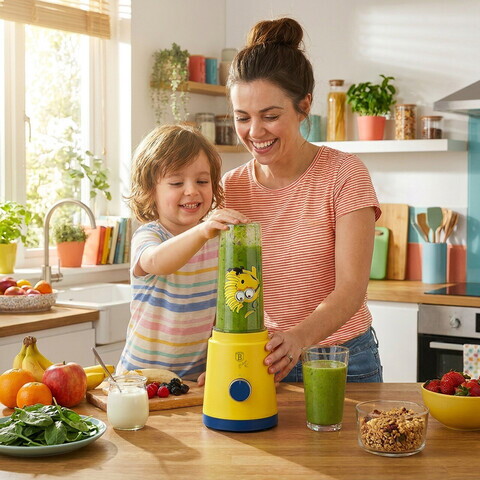 Blender pentru smoothie Berlinger, Minions Collection, 320W, 300 ml/600 ml, inox/plastic, galben/albastru