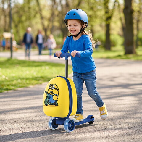Trotineta cu valiza Berlinger, Minions Collection, 36x28x22 cm, plastic/fier/poliester, galben/albastru