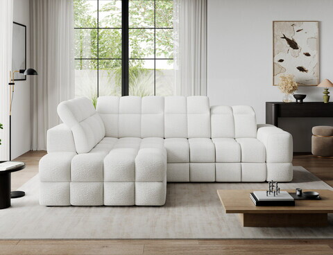 Coltar extensibil stanga 3 locuri ELTAP, Bronon, 296x200x109 cm, lemn/tesatura boucle, alb
