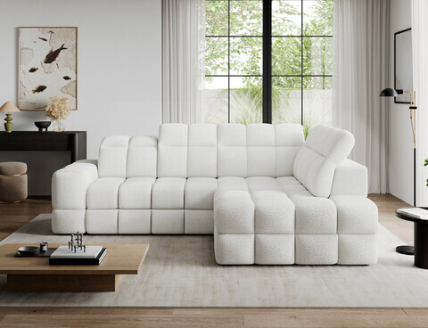 Coltar extensibil dreapta 3 locuri ELTAP, Bronon, 296x200x109 cm, lemn/tesatura boucle, alb
