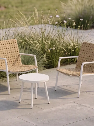 Set 2 scaune si masuta pentru gradina / terasa Trad, Homla, 74x64x78 cm / 45x41.5 cm, otel/technorattan, bej/alb