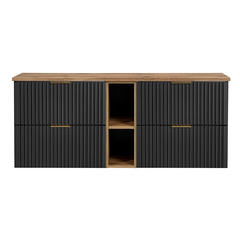 Set mobilier baie, dulap dublu pentru lavoar, 140 cm Wotan 81-01, Adel Black, Comad, MDF/PAL laminat, negru mat/stejar wotan