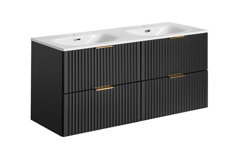 Set dulap de baie cu lavoar dublu si sifon, 120 cm Sky, Adel Black, Comad, MDF/PAL laminat, negru mat