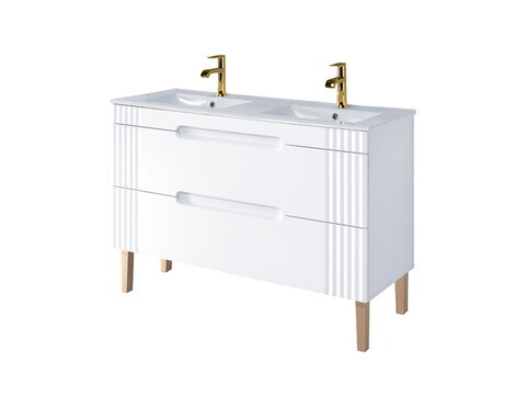 Set dulap de baie cu lavoar dublu si sifon, 120 cm Lava, Fiji White, Comad, MDF/PAL laminat, alb