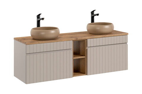 Set mobilier baie, dulap dublu si 2 lavoare, 140 cm Wiki Coast Evoke, Iconic Cashmere Oak, Comad, MDF/PAL laminat, casmir mat