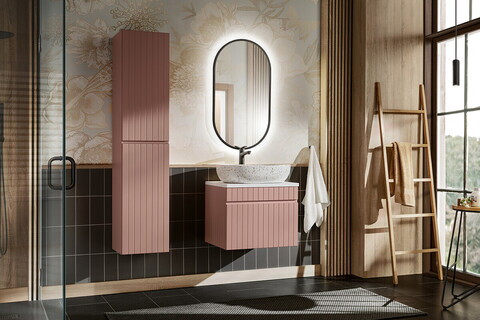 Set mobilier baie, dulap cu lavoar, dulap inalt si oglinda LED, 60 cm, Iconic Rose, Comad, MDF, roz antic