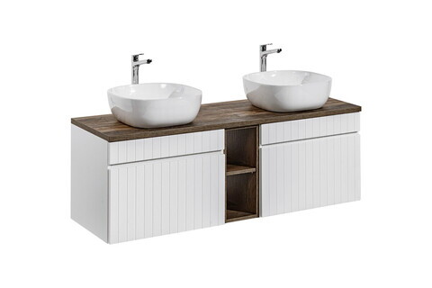 Set mobilier baie, dulap dublu si 2 lavoare, 140 cm, Iconic White, Comad, MDF/PAL laminat, alb/stejar santa fe vintage