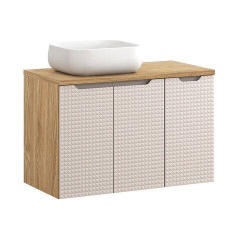 Set mobilier baie, dulap dublu cu lavoar, 90 cm D Un Nika, Luxor Beige, Comad, MDF/PAL laminat, stejar