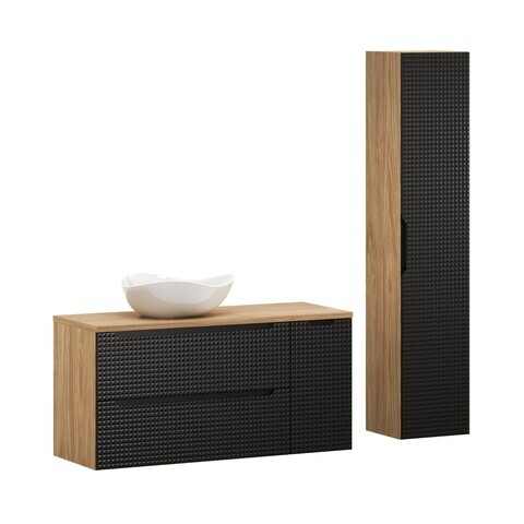 Set moblier baie, masca cu lavoar si dulap inalt, 120 cm Cloud, Luxor Black, Comad, MDF/PAL laminat, negru mat/stejar