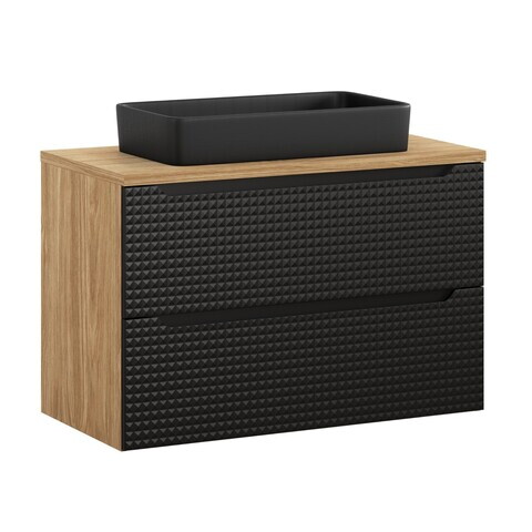 Set mobiler baie, dulap cu lavoar, 90 cm, Luxor Black, Comad, MDF/PAL laminat, negru mat/stejar
