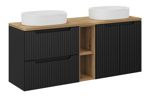 Set mobilier baie, dulap dublu si 2 lavoare, 140 cm  Beyond, Nova Black Oak, Comad, MDF/PAL laminat, negru mat