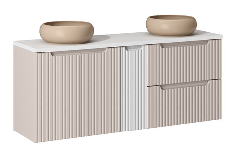 Set mobilier baie, dulap dublu si 2 lavoare, 140 cm D S Un Wik, Nova Cashmere White, Comad, MDF/PAL laminat, casmir mat
