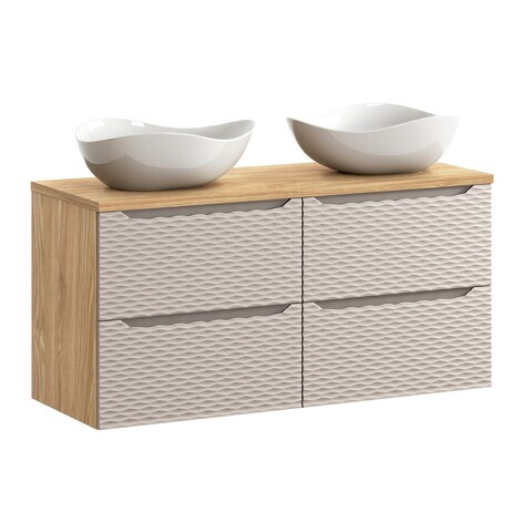 Set mobilier baie, dulap dublu si 2 lavoare, 120 cm S Un Cloud, Ocean Beige, Comad, MDF/PAL laminat, stejar